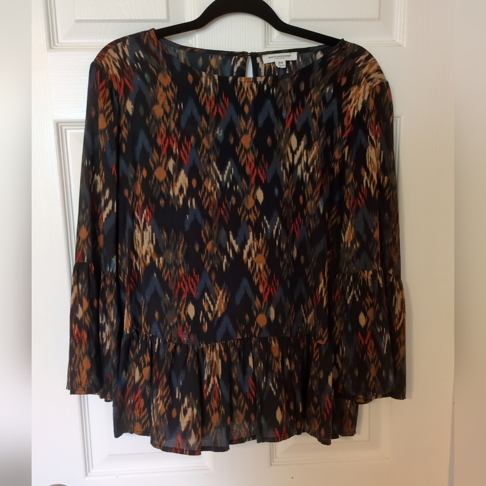 Beach Lunch Lounge Bell Sleeve 3/4 Boho Ikat Blouse Medium